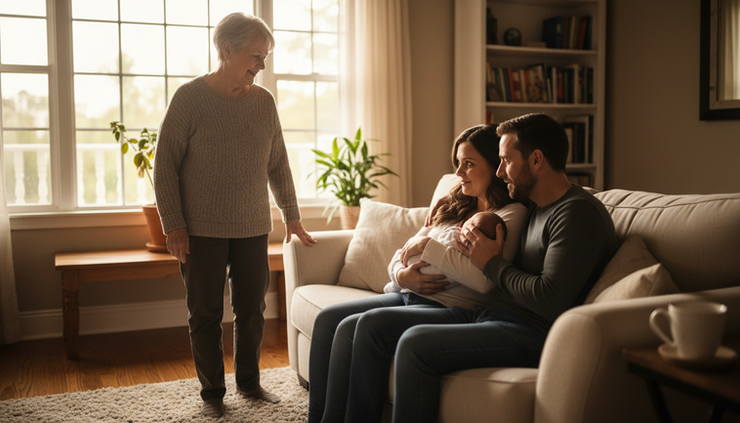 Eye-level view of a grandmother watching a young couple cradle their baby at home