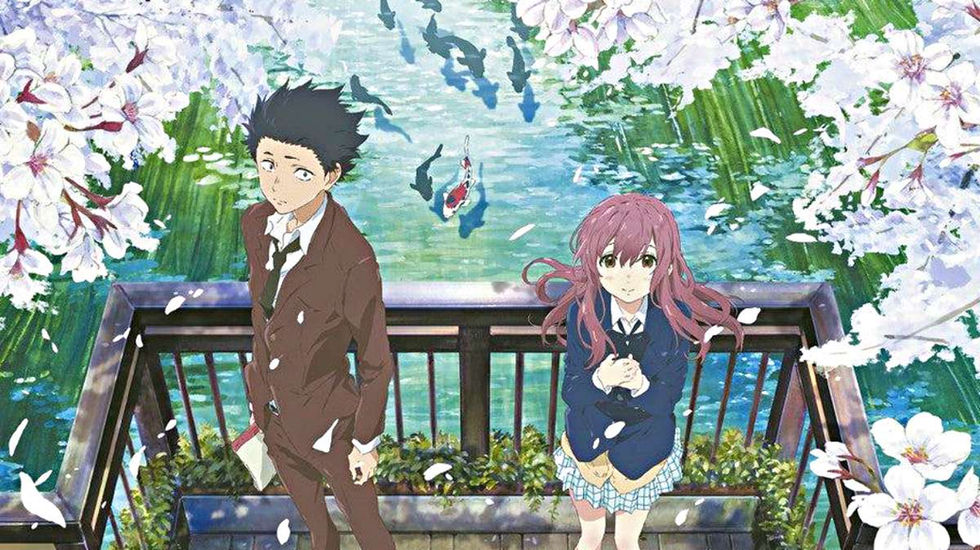 Anime scene: A boy and a girl look up into the camera, surrounded by cherry blossoms. Taken from the film A Silent Voice (2016).
