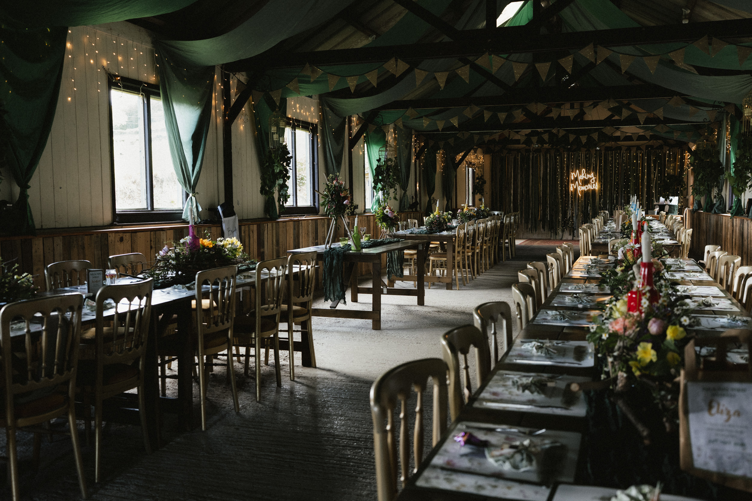 Wedding venue photograph of a decorated reception room before guests arrive