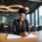 Beautiful Black woman in a black suit smiling, arms crossed in front of a modern board room .jpg