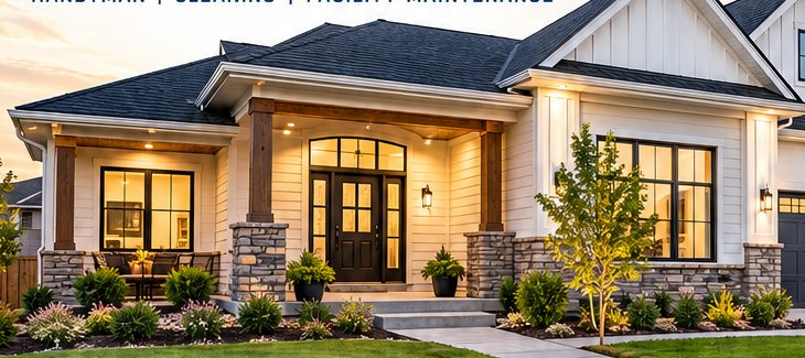 Craftsman style home at dusk with the porch lights on