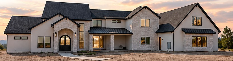 Two-story stone and stucco home with black roof at sunset
