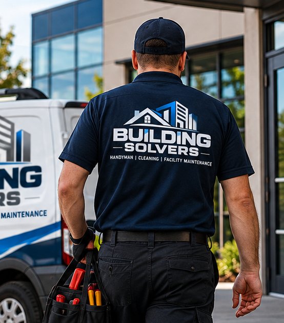 Building Solvers technician walking to a job with his tool bag
