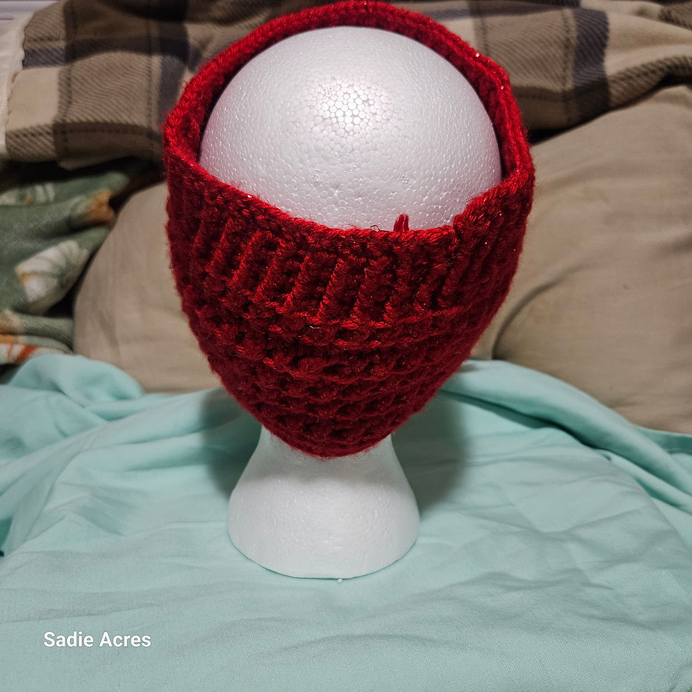 Thumbnail: Red crocheted headband on a white styrofoam head