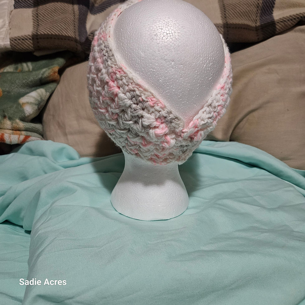 Thumbnail: Pink, white, and gray knitted headband on a display head