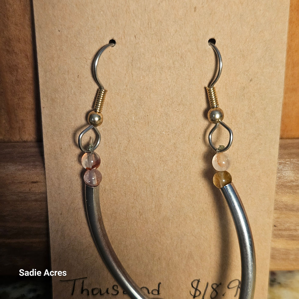 Curved silver earrings with pink beads on a Sadie Acres card $18.99