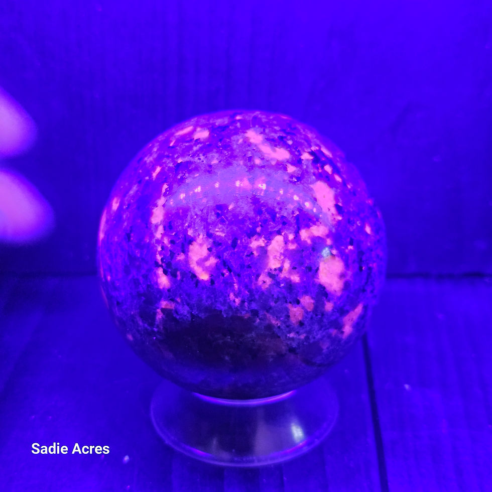 Thumbnail: Glowing gemstone artisan crystal sphere under UV light.