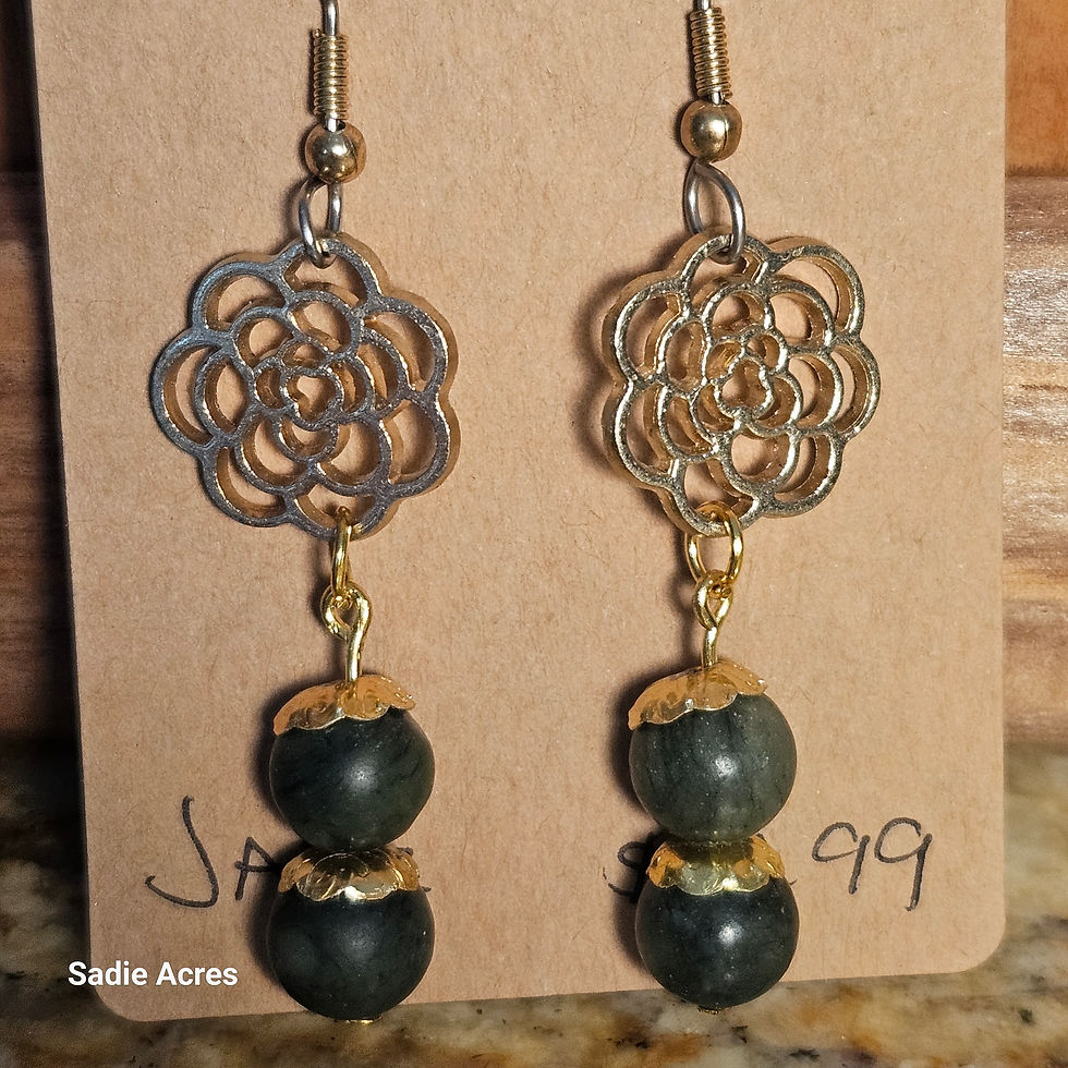 Gold earrings with ornate filigree and dark beaded drops