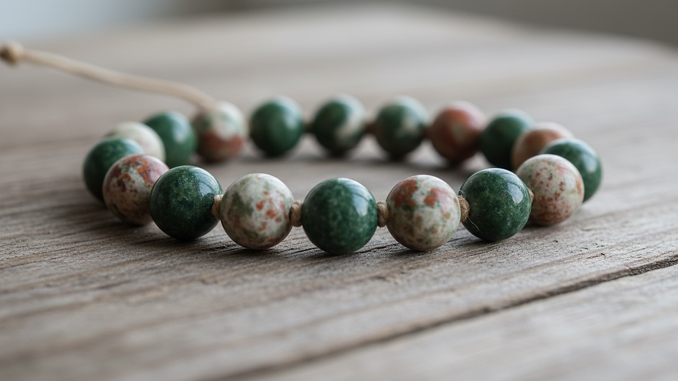 Eye-level view of unakite bead bracelet on a wooden surface