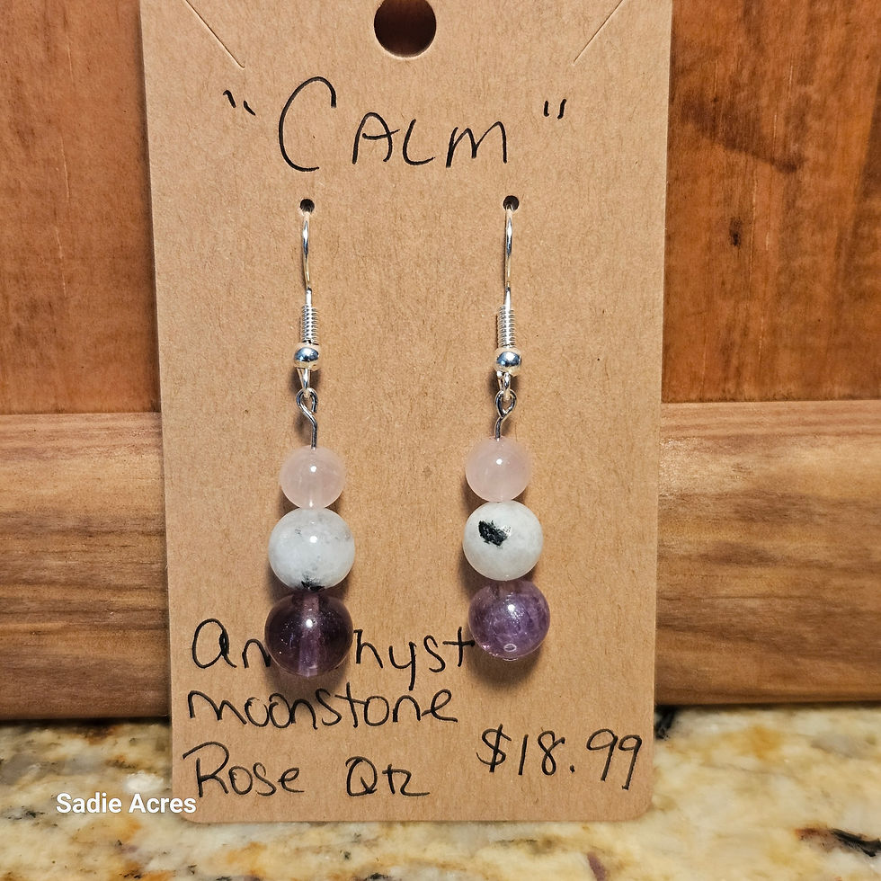 Amethyst Moonstone Rose Quartz earrings, labeled 'CALM', $18.99