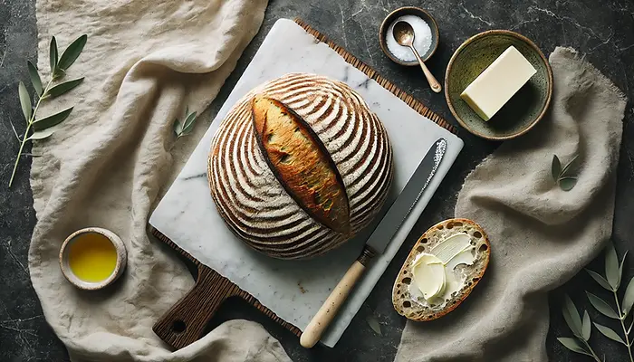 DALL·E 2024-07-20 14.56.51 - Top view of a rustic sourdough loaf and a single slice with b