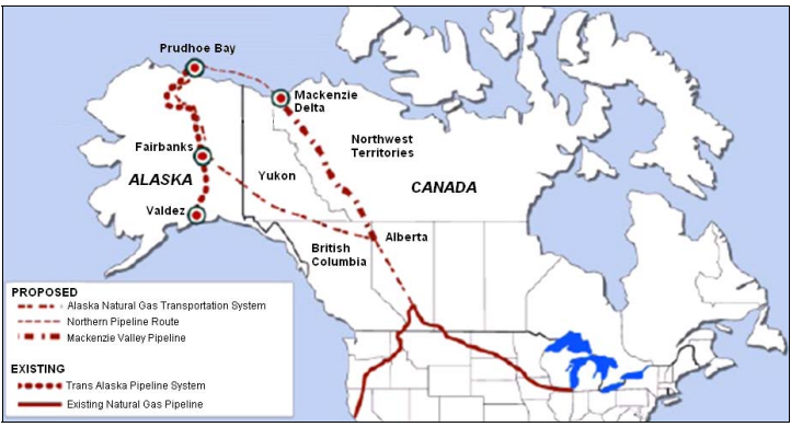 A map shows various Alaska natural gas pipeline routes proposed as of 2011. (Map from the Congressional Research Service publication, “The Alaska Natural Gas Pipeline: Background, Status, and Issues for Congress,” by Paul W. Parfomak, Specialist in Energy and Infrastructure Policy, June 9, 2011)