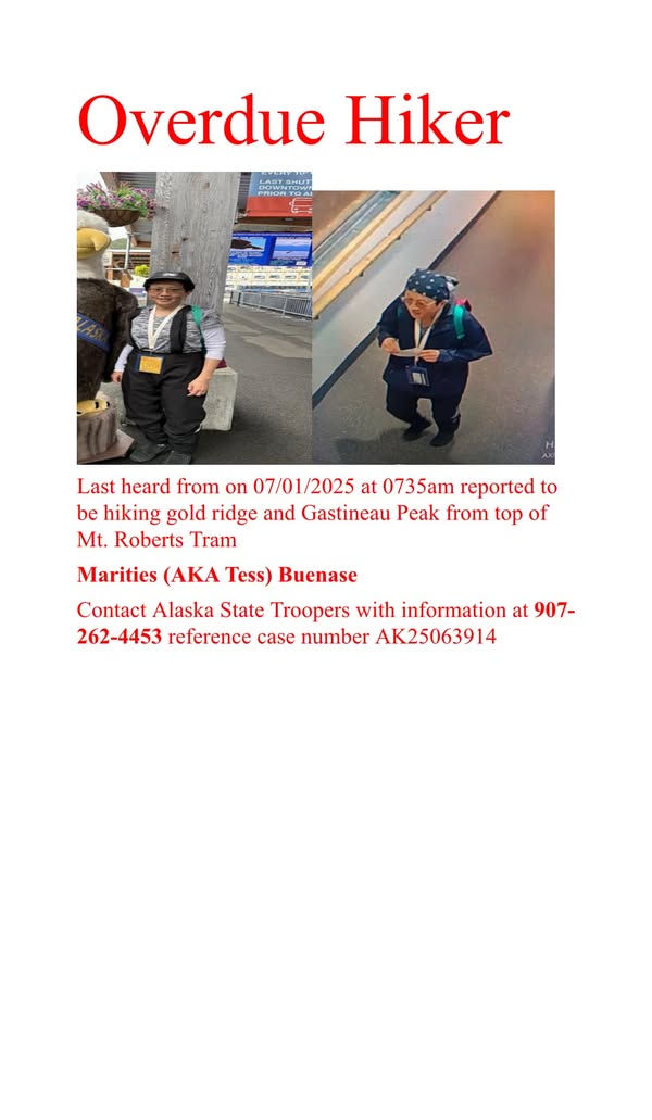 An overdue hiker notice for Marites Buenafe distributed by the Juneau Police Department and other agencies.