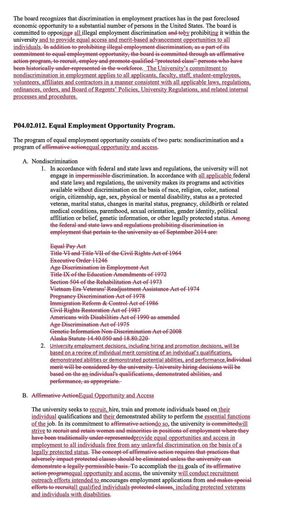 A proposed change in hiring policy at the University of Alaska that eliminates affirmative action and other legal guidelines used since 2014 is scheduled to be considered by the Board of Regents this week. (University of Alaska document)