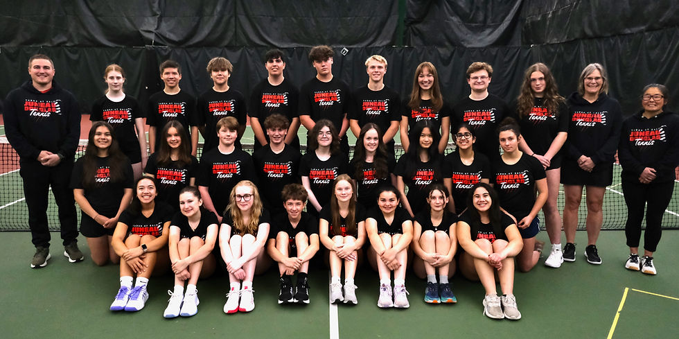 The Juneau-Douglas High School: Yadaa.at Kalé Crimson Bears tennis team are, back row left-to-right: head coach Austin Stefanich, Fiona Koelsch, Dan Degener, Isaac Hill, Yvan Guyard, Paxton Willoughby, Elliot Welch, Ainsley Mallott, Sam Lagerquist, Paige Kirsch, assistant coach Anne Kincheloe and assistant coach Mona Mametsuka. Middle row l-r: Mya Hood, Aurora Madsen, Oscar Lamb, Isaac Kirsch, Katherine Hieb, Riley Dale, Alana Nguyen, Naisha Bathija and Delphine Hochstoeger. Front row l-r: Bella Reyes-Boyer, Josselyn Davis, Hazel McWilliams, Oliver Rogers, Lydia Heidemann, Mia Alexander, Saige Sowa and Keira Jenkins. (Klas Stolpe / Juneau Independent)