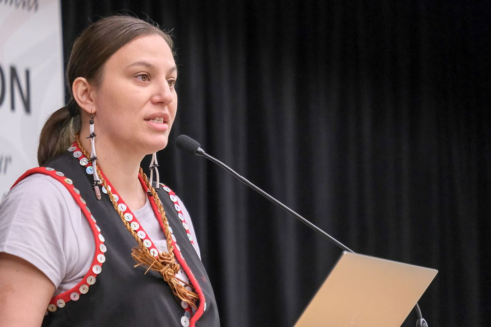 Sarah Dybdahl, named the new president of Sealaska Corp. this week, addresses the Central Council of the Tlingit and Haida Indian Tribes of Alaska’s annual Tribal Assembly in 2019. (Central Council of the Tlingit and Haida Indian Tribes of Alaska photo)