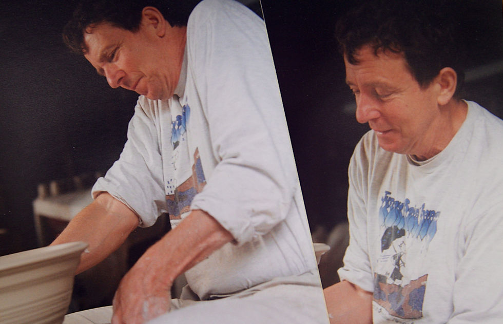 Tom Meyer is shown making some of his famous "Tom’s Pots" in a photo collage displayed at a memorial service for him Sunday, June 28, 2026, at the Juneau Yacht Club. Meyer died at his Juneau home on May 24. (Mark Sabbatini / Juneau Independent)