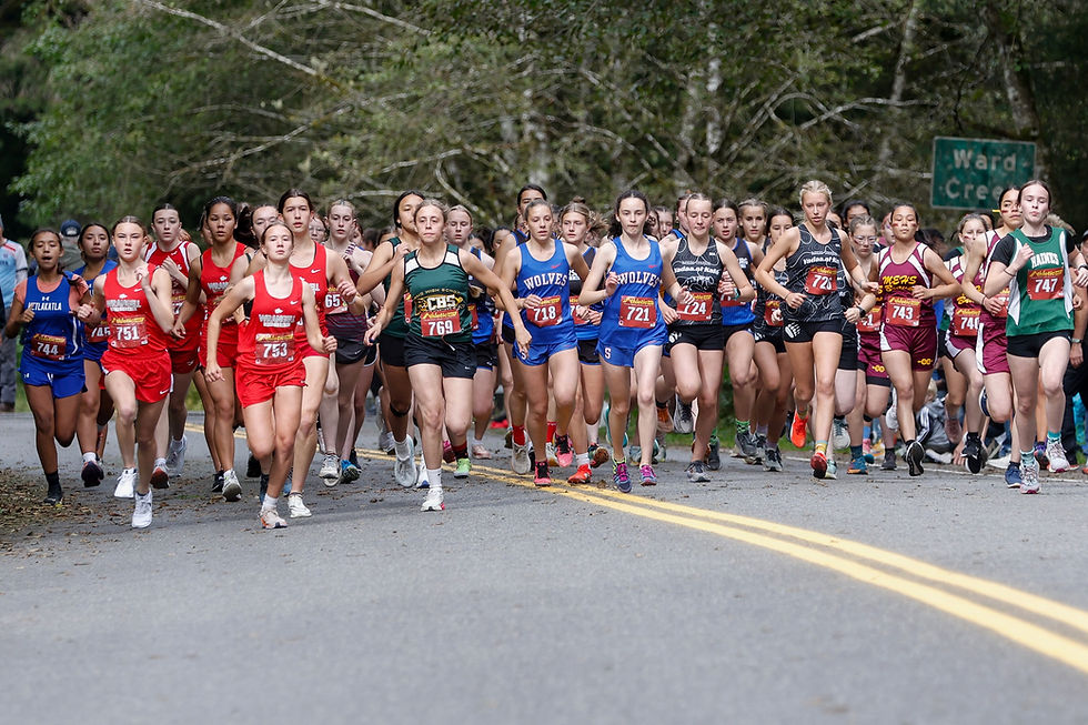 High school runners race from the start line during the girls' race at the Ketchikan Invitational on Saturday, Sept. 13, 2025. (Christopher Mullen / Ketchikan Daily News)