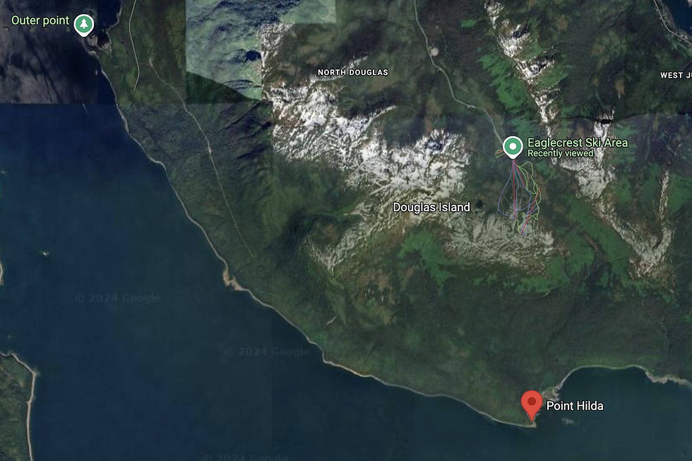 A map shows Douglas Island between Outer Point and Point Hilda, where Goldbelt Inc. owns about 1,800 acres of land. The regional Native corporation is planning to build a private cruise ship port with two floating docks and “a recreated 1800s Alaska Native Tlingit village” on the property. (Google Maps image)