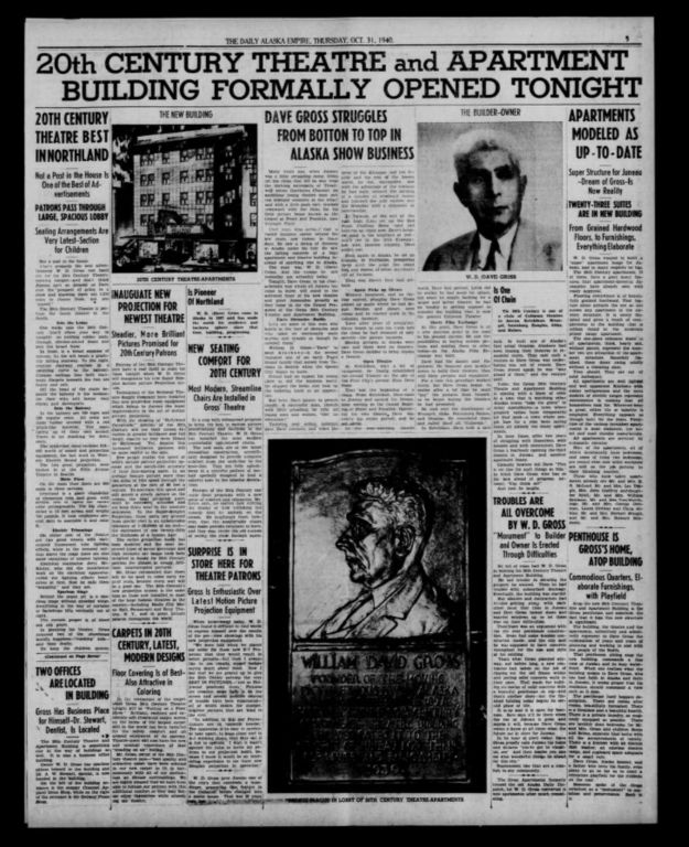Page 5 of the Alaska Daily Empire on Oct. 31, 1940, announces the opening of the 20th Century Gross Theatre. (Library of Congress, Chronicling America newspaper collection)