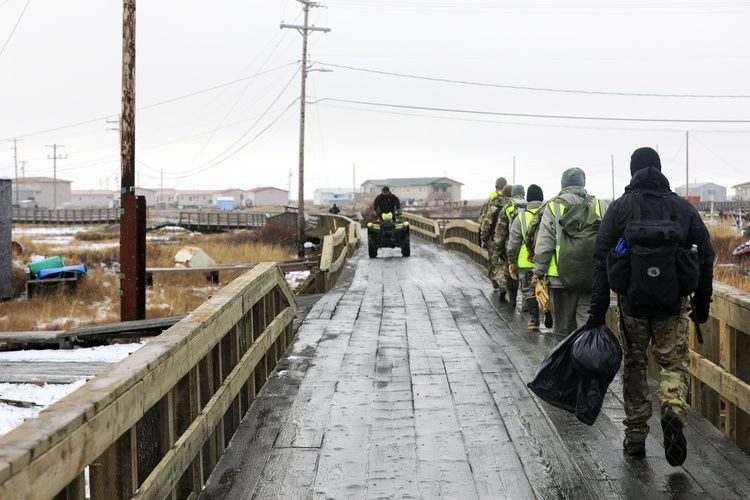 Alaska Organized Militia members, assigned to Task Force Bethel, arrive at Tuntutuliak, Alaska, for post-storm clean-up efforts during Operation Halong Response, Oct. 25, 2025. (Alaska National Guard photo by Capt. Balinda O’Neal)