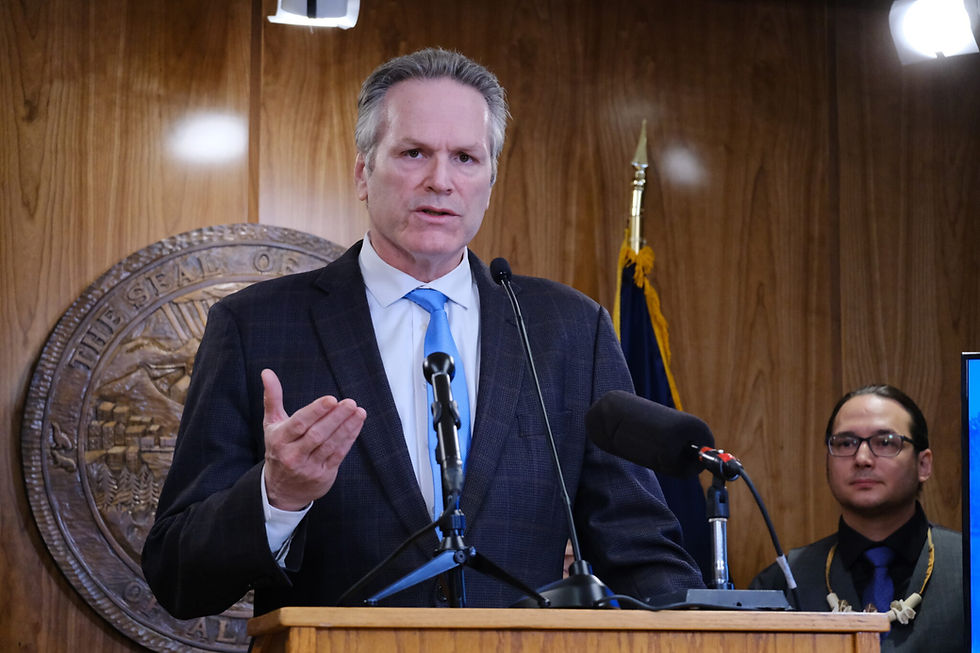 Gov. Mike Dunleavy discusses his new proposed omnibus education legislation at a news conference on Jan. 31, 2025. (Corinne Smith/Alaska Beacon)