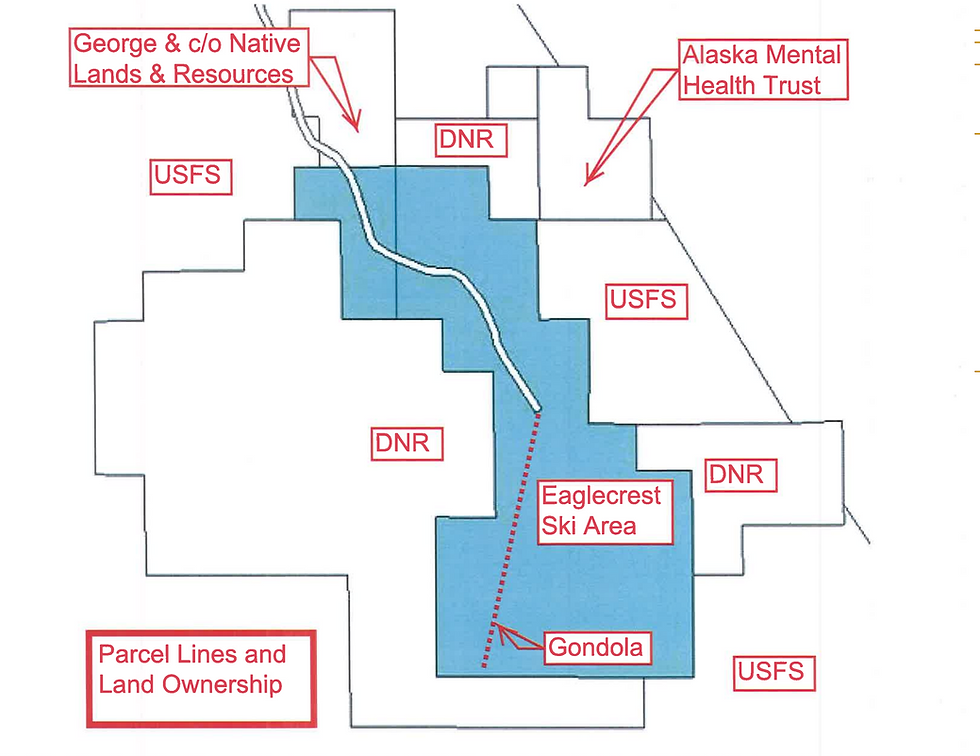 A map shows land ownership at and around Eaglecrest Ski Area as of June 2023. (City and Borough of Juneau development permit application)