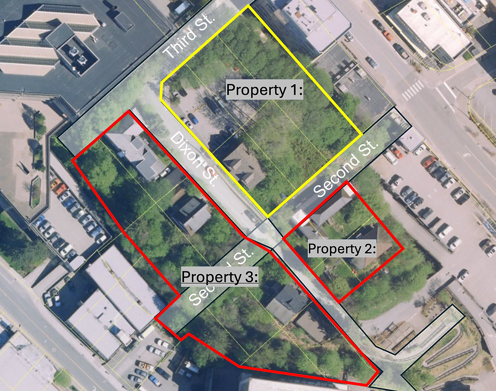 A map shows a proposal by Mayor Beth Weldon to divide the Telephone Hill neighborhood into three lots, replacing a previous plan to redevelop the entire area with high-density housing. (City and Borough of Juneau)