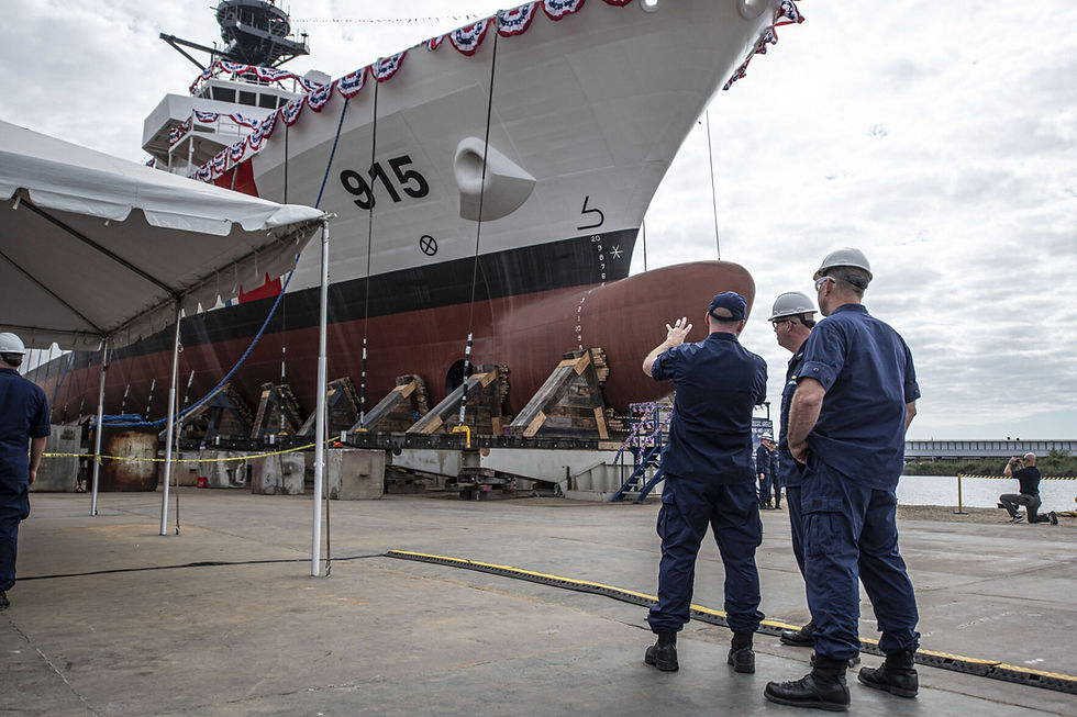 The U.S. Coast Guard Cutter Argus becomes the first Offshore Patrol Cutter to be launched at a christening ceremony Panama City, Florida, Oct. 27, 2023. (Petty Officer 1st Class Ronald Hodges / U.S. Coast Guard)