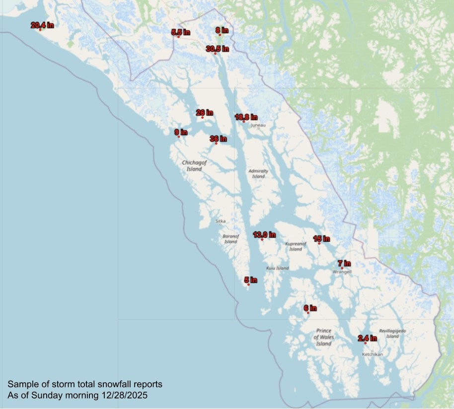 Snowfall amounts in Southeast Alaska from a weekend snowstorm as reported by the National Weather Service shortly before 11 a.m. on Sunday, Dec. 28, 2025. (National Weather Service Juneau)