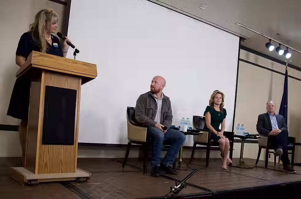 Laura McDonnell, left, moderates a gubernatorial candidate forum between, from left to right, Jonathan Kreiss-Tomkins, Bernadette Wilson and Dave Bronson at the Baranof Hotel on Wednesday, Oct. 7, 2026. (Mark Sabbatini / Juneau Independent)
