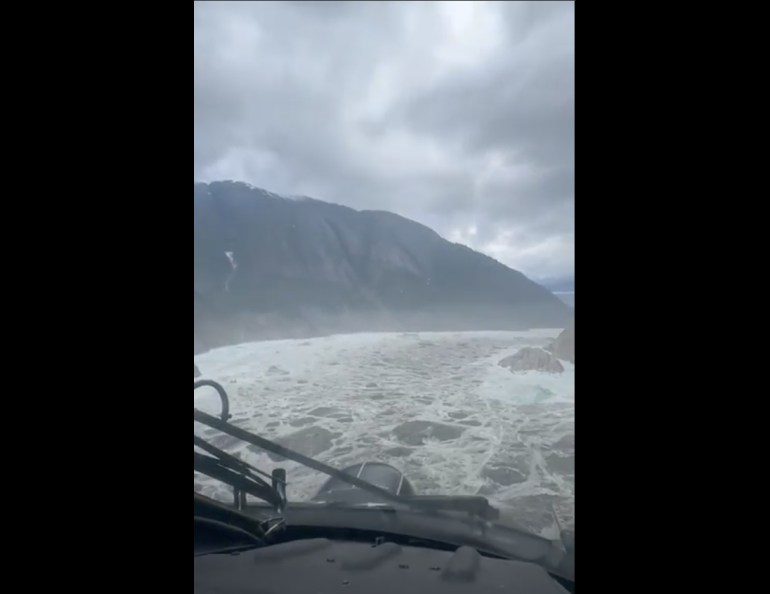 A landslide in the Endicott Arm area of Alaska on Sunday morning triggered a local tsunami with reported waves of up to 15 feet. (Image from U.S. Coast Guard video)