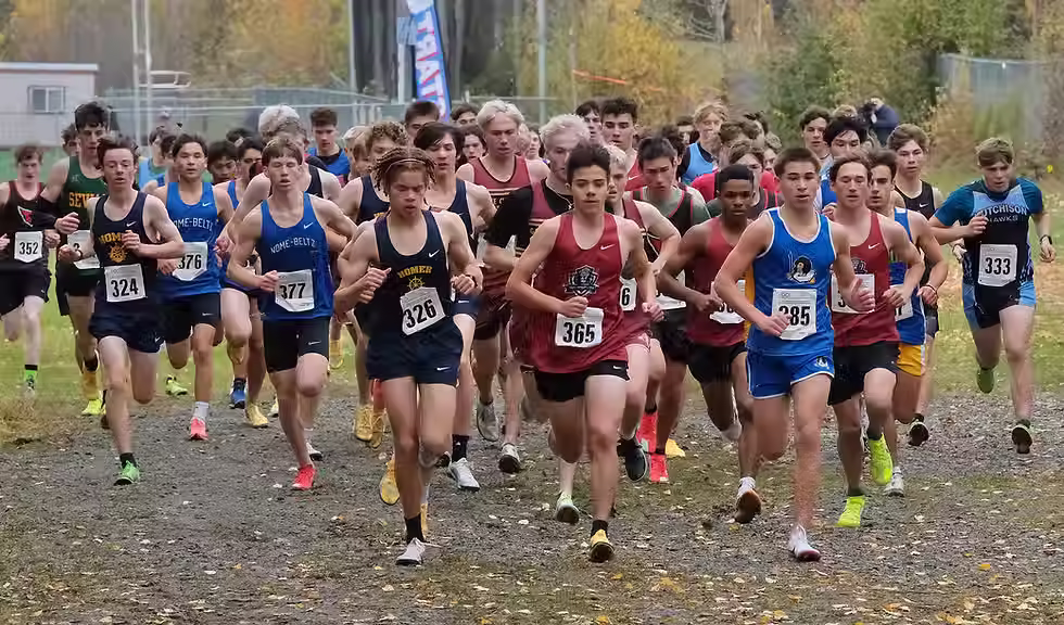Runners from across Alaska start the ASAA Division II boys state cross country championships at Anchorage's Bartlett High School Trails on Sat. Oct. 3, 2026. (Klas Stolpe / Juneau Independent)