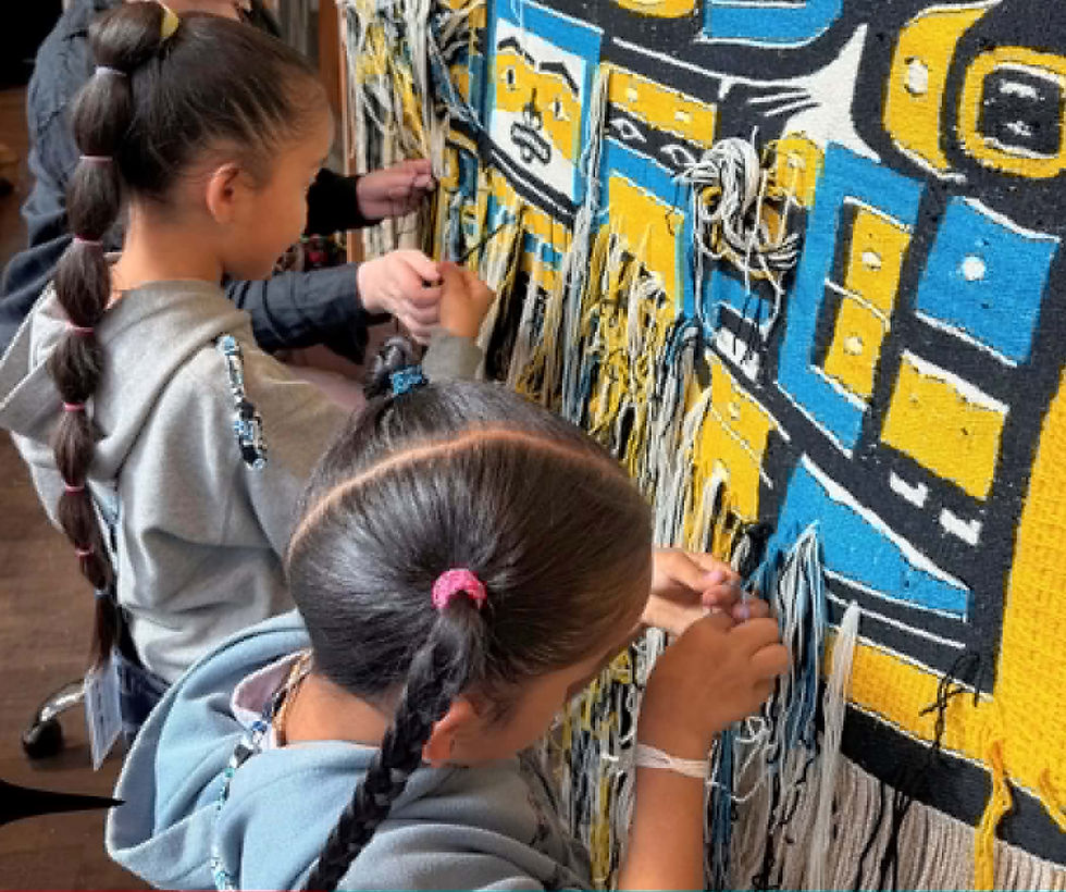 Isabella Ross and Patricia Dennis work on the back of the Chilkat robe, weaving off the ends and preparing them for snipping. (Photo provided by Marion Carman)