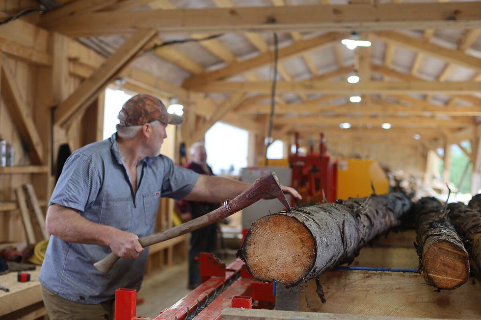 Brett Martin readies a log for one of the company's newer motorized saws, with head sawyer Tobbie Cook operating the controls. (Orin Pierson / Petersburg Pilot)