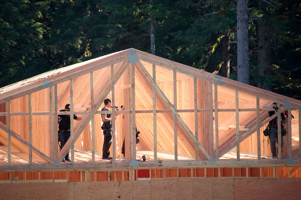 Workers install roof supports on Tuesday, Aug. 26 2025, at a site where the Central Council of the Tlingit and Haida Indian Tribes of Alaska plans to operate a gambling facility. (Mark Sabbatini / Juneau Independent)