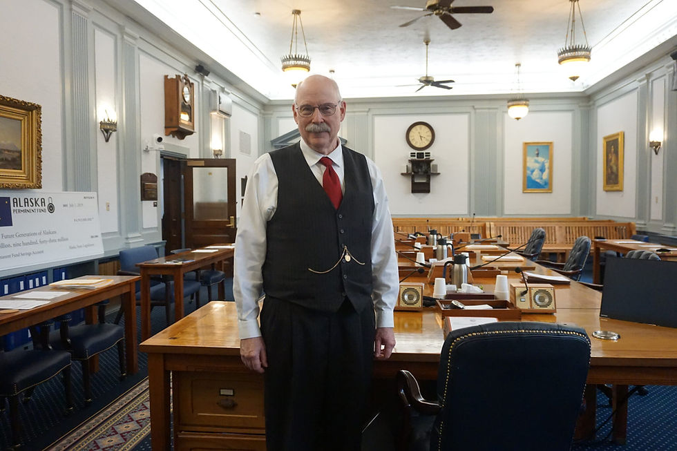 Sen. Bert Stedman, R-Sitka, stands in the Senate Finance Committee room on April 24, 2025. Stedman is sponsoring a bill that would create an Alaska flood insurance system that would be an alternate to the Federal Emergency Management Agency's national insurance program. (Yereth Rosen/Alaska Beacon)