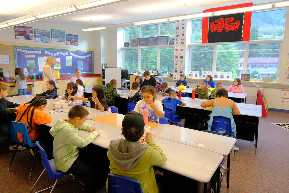 Students begin their first day of school at the Tlingit Culture, Language and Literacy program at Harborview Elementary School in Juneau on Aug. 15, 2025. (Corinne Smith/Alaska Beacon)