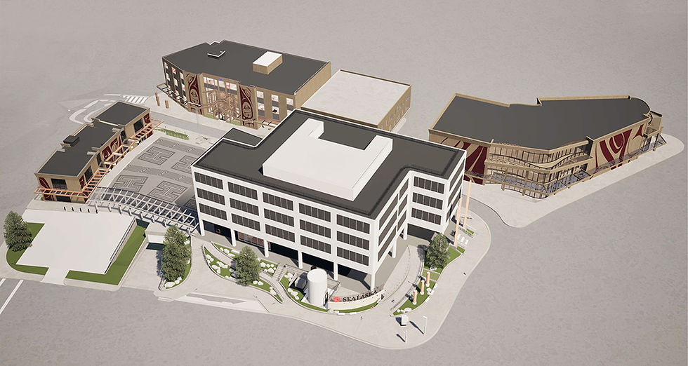 An illustration shows the headquarters for Sealaska Corp., the buildings owned by the nonprofit Sealaska Heritage Institute and a proposed new SHI building at the current City Hall site, seen at right. (Illustration provided by Sealaska Heritage Institute)