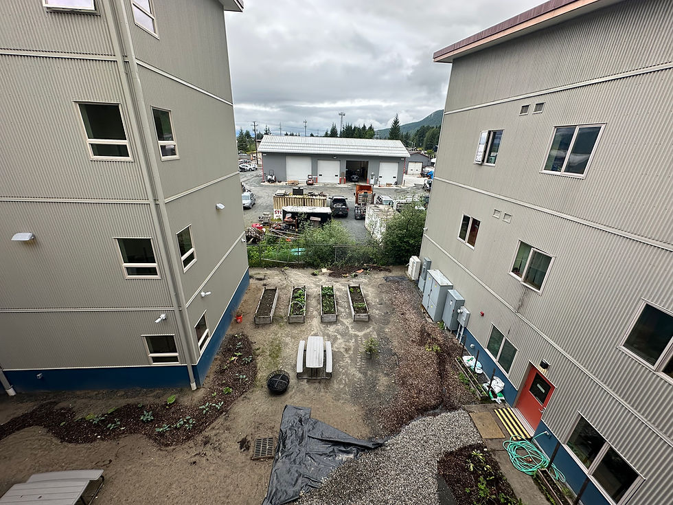 The garden at Forget-Me-Not Manor as seen from a third-floor apartment on July 3, 2025. (Mark Sabbatini / Juneau Independent)