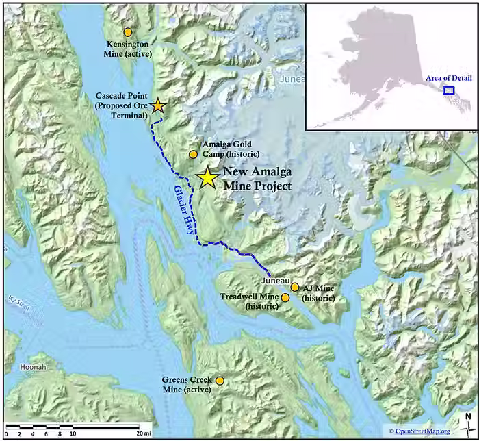 A map shows the location of a proposed new gold mine between Juneau and Cascade Point. (Grande Portage Resources Ltd.)