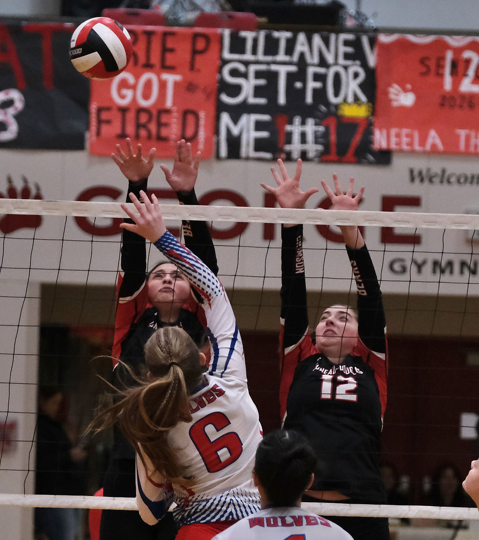 Juneau-Douglas High School: Yadaa.at Kalé seniors Natalia Harris and Neela Thomas (12) defend against Sitka sophomore Bella Jones (6) during the senior appreciation match against the visiting Sitka Wolves on Saturday, Nov. 1, 2025.. (Klas Stolpe / Juneau Independent)