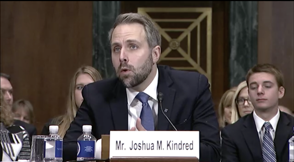 Former U.S. District Court Judge Joshua Kindred speaks at his Dec. 4, 2019, Senate Judiciary Committee confirmation hearing in Washington, D.C. (U.S. Senate Judiciary Committee video screenshot)