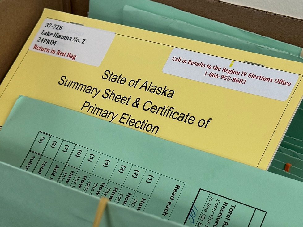 A summary sheet is seen during ballot review on Tuesday, Aug. 27, 2024, at the headquarters of the Alaska Division of Elections in Juneau. (James Brooks/Alaska Beacon)