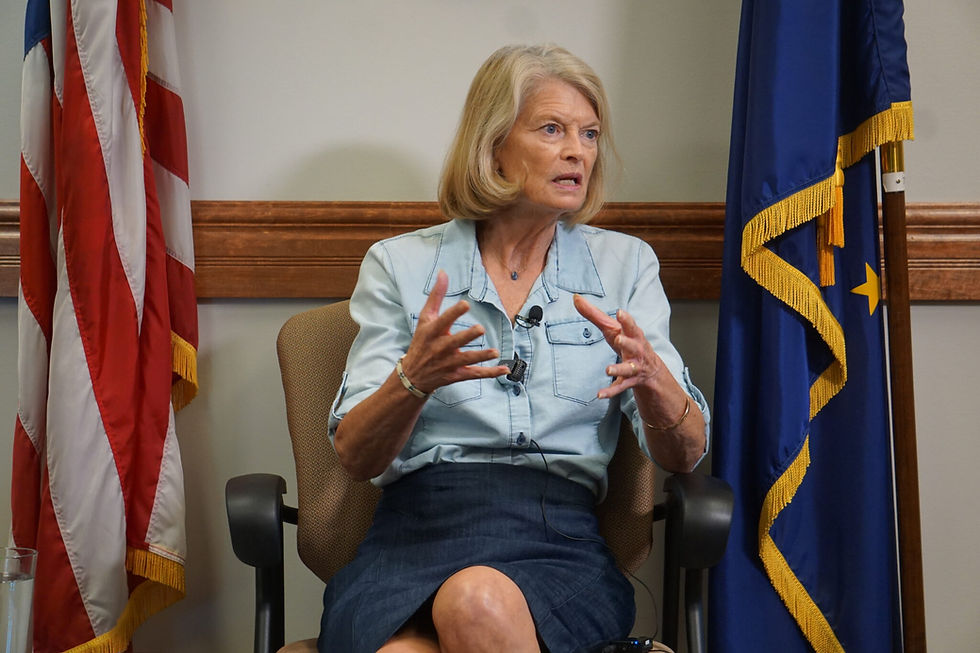 Sen. Lisa Murkowski, R-Alaska, speaks at an Aug. 4, 2025, news conference in her Anchorage office. (Yereth Rosen/Alaska Beacon)