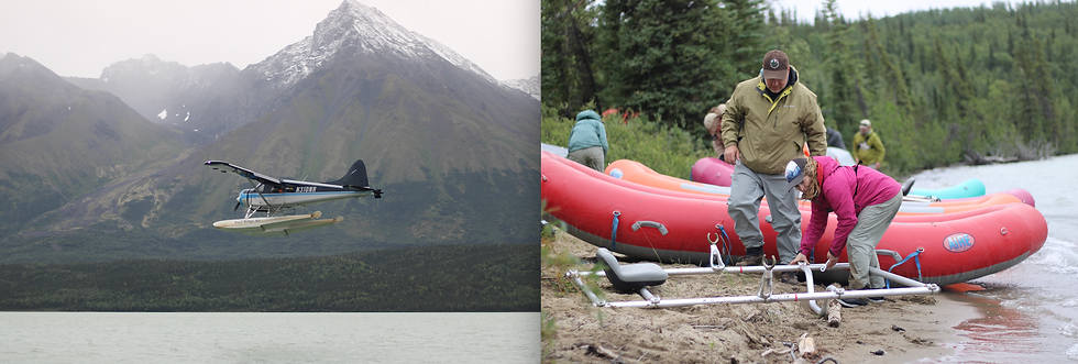A bush plane, at left, delivered state workers and equipment to Two Lakes, inside Lake Clark National Park and Preserve. At right, Alaska Deputy Natural Resources Commissioner Brent Goodrum and public access team member Tisha Valentine assemble an oar frame. (Nathaniel Herz/Northern Journal)