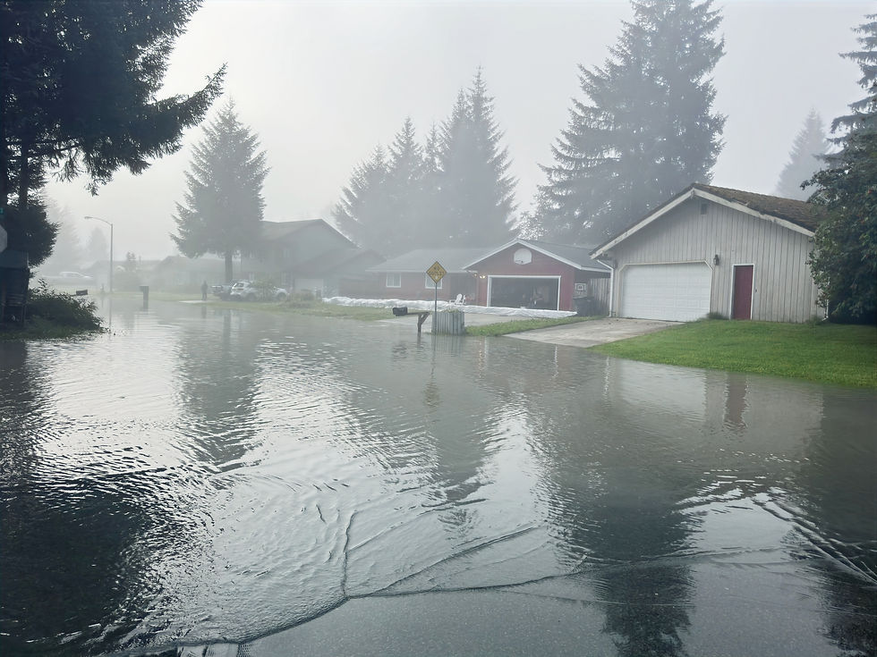 Water from a glacial lake outburst flood covers streets at the intersection of Lakeview Court and Meander Way at about 8 a.m. Wednesday, Aug. 13, 2025. (Mark Sabbatini / Juneau Independent) 