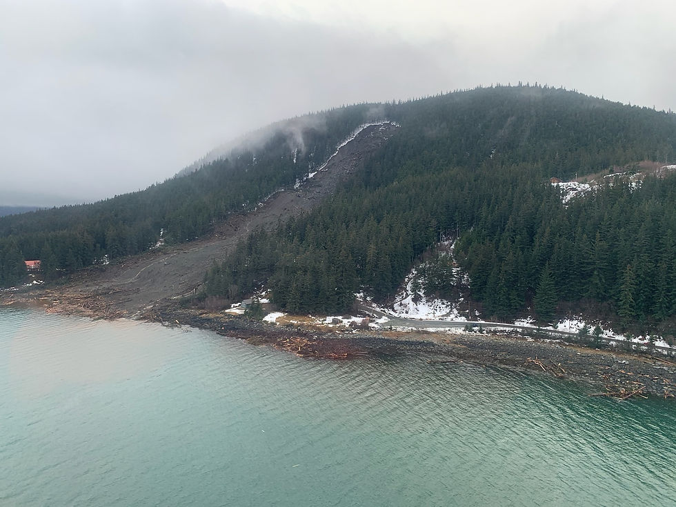 A rainstorm-caused landslide in Haines is seen on Dec. 3, 2020. Extreme rainfall caused several slides in that Southeast Alaska town, including one that killed two people. (Photo by Lt. Erick Oredson/U.S. Coast Guard)