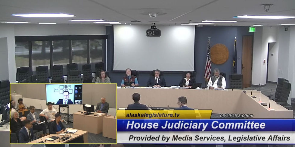 This screenshot from a video broadcast by the Alaska Legislature shows the Friday, June 20, 2025, meeting of the House Judiciary Committee. (Video screenshot)
