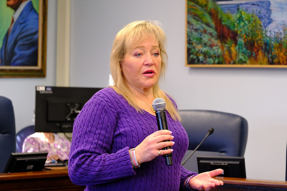 Sandy Snodgrass gives a presentation on her advocacy work and raising awareness of the dangers of fentanyl at the Alaska State Capitol on Apr. 15, 2025. (Corinne Smith/Alaska Beacon)